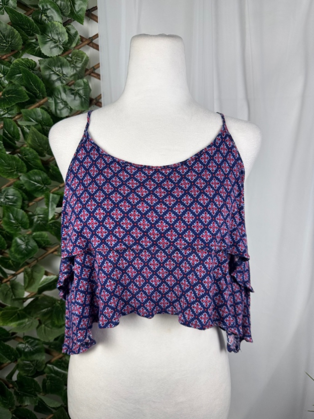 Forever 21 Navy Blue & Pink Printed Ruffle Camisole